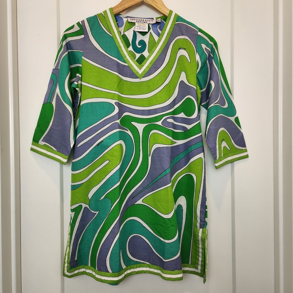 Gretchen Scott Girl 10/12 Cotton Green Blue Retro Dress Coverup‎ Preppy Beach